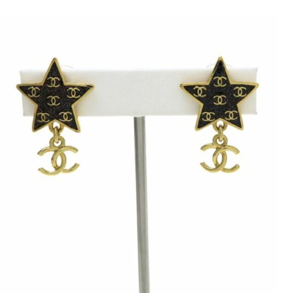 CHANEL CC Logos Black Star Drop Stud Earrings Gold Tone C24C Auth - Picture 2 of 9